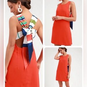 Lulu’s Joyful Red/Orange multi stipe color dress with open back. Size:XL
